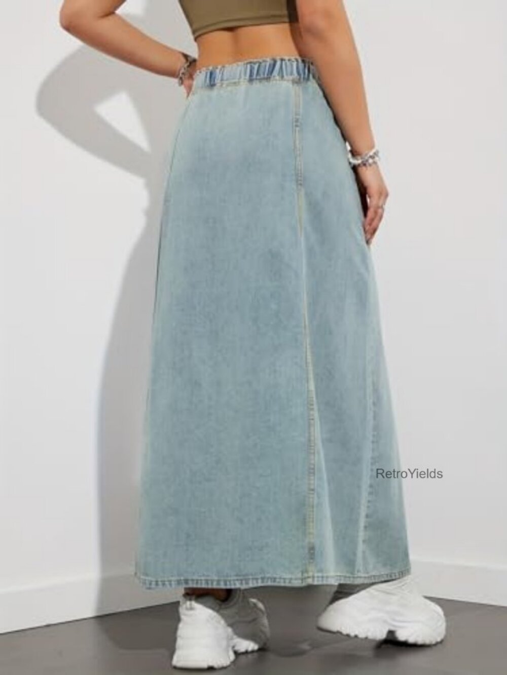 High Rise Flare Maxi Denim Skirt with Pockets, Elastic Waist, Bohemian Style - Picture 3 of 7